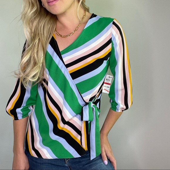 Bar III Green, Black, Blue, Yellow Striped Wrap Style Top New with Tags - Picture 12 of 12